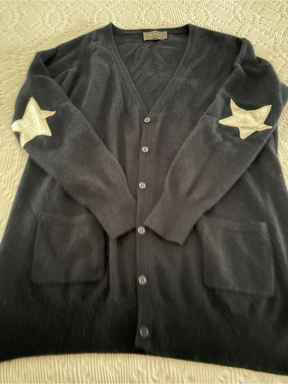 Wyse London Navy Cashmere V-Neck Cardigan with Silver Star Elbow Patches